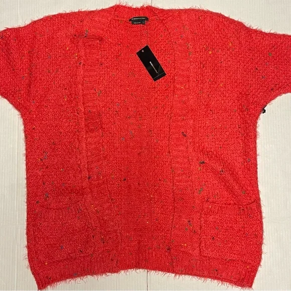 BCBGMAXAZRIA CARDIGAN CHUNKY CONFETTI KNIT SWEATER OPEN FRONT RED COLOR SIZE L - Picture 11 of 16